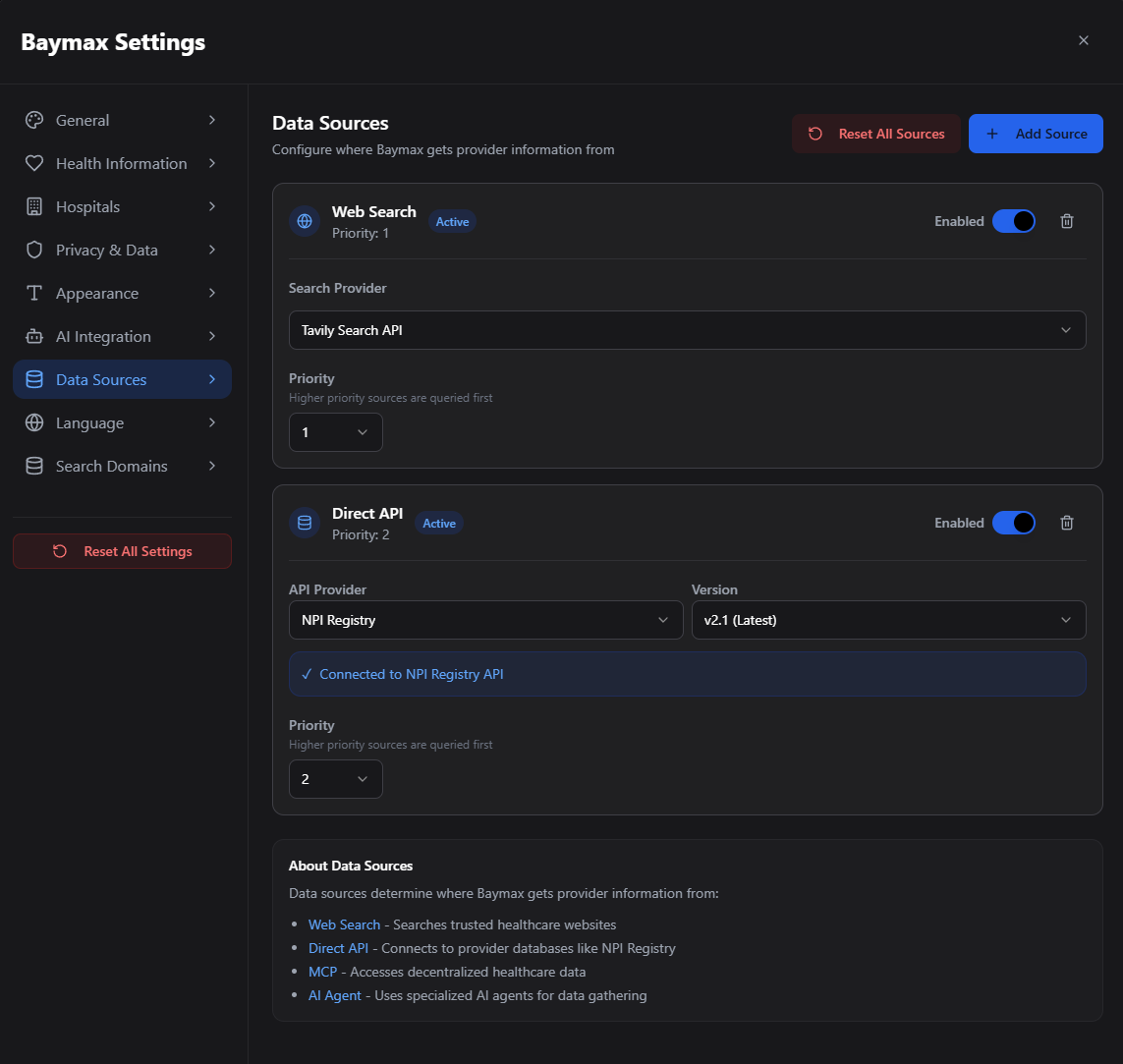 Baymax Settings - Data Sources Configuration